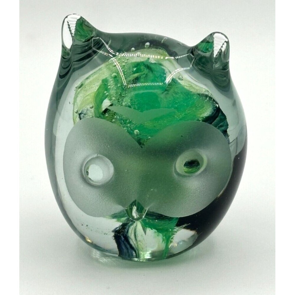Kerry Glass Art Blown Glass Paperweight Owl Green Swirl Hand Made in Ireland